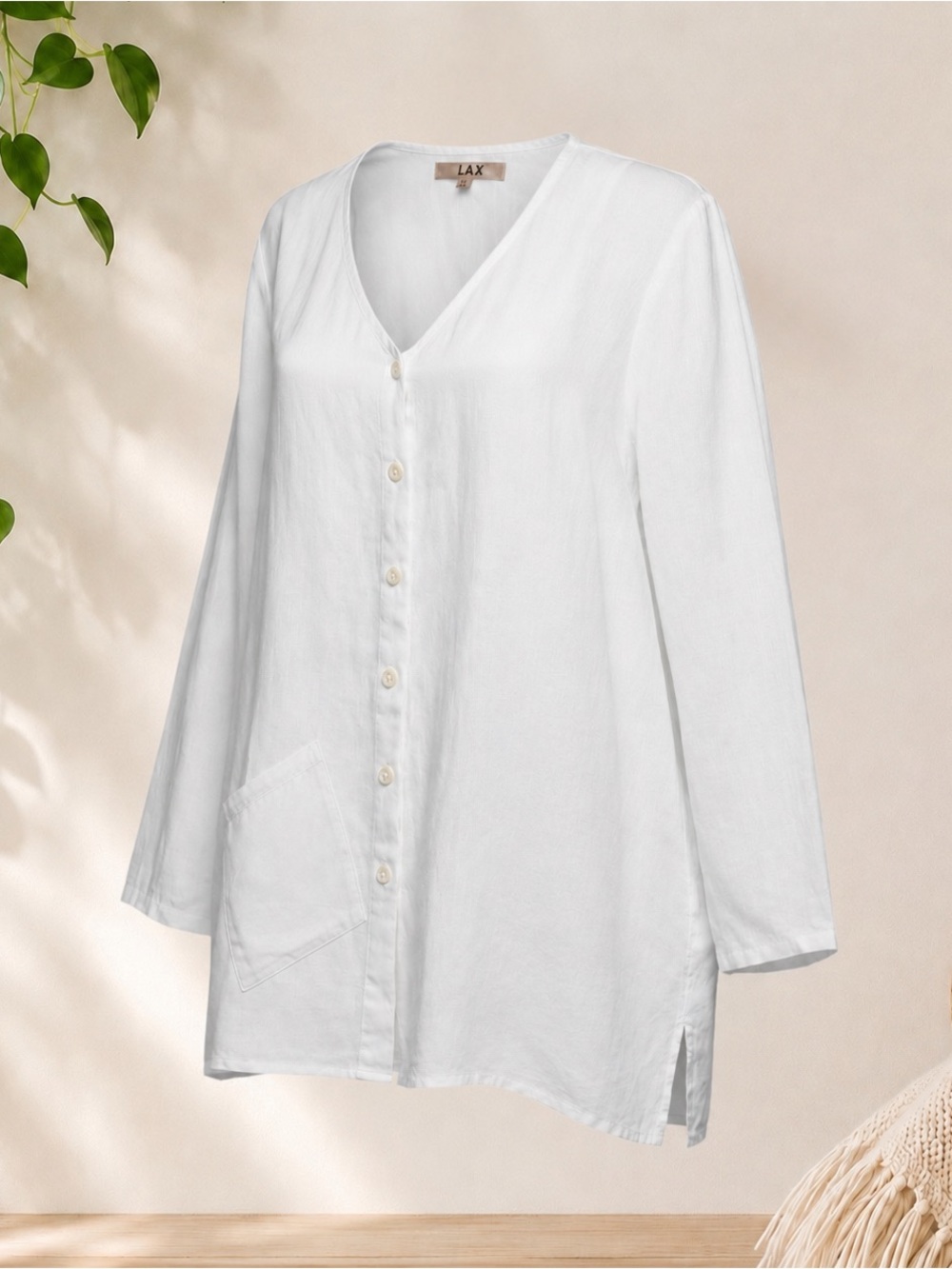 Flax 100% Linen White Button-Front V-Neck Tunic Size Small NWOT